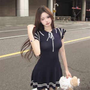 VKSOD | Sweet Style Navy Wind Knitted Dress With Sash A-Line Skirt Short Sleeve High Waist Slim Fit Womens Summer Fashion College Trend