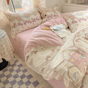 Lolita Garden Bear Cute Girls Cotton Lace Four-Piece Set Cartoon Pure Cotton Three-Piece Set 1.5 Bedding Universal Quality