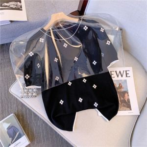 Plus Size Womens Clothing Summer New Arrival Plus Size Ladies Fashion Contrast Color Fashion Fashion Jacquard Short Sleeve Loose Ice Silk T-shirt Knitting Tops