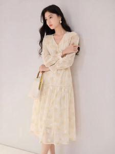 XIANGYING | Yellow Floral V-Neck Fitted Long-Sleeve Chiffon Dress