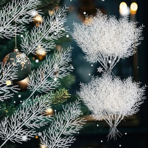 10Pcs 34.5cm Artificial Christmas White Pine Leaves Snowy Pine Needles Xmas Tree Ornaments DIY Wreath Plants New Year Merry Christmas Decoration