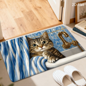 VIKAMA Cute Tabby Kitten Bathroom Mat Cat Peeking From Bathtub Vintage Faucet Non Slip Pet Lover Entryway Decor Mat