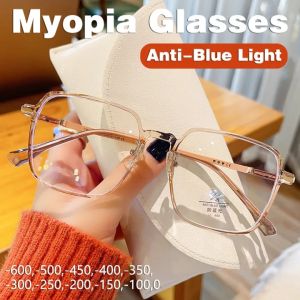 แว่นสายตาสั้นกันแสงสีฟ้า [-600ถึง0]แว่นตาแฟชั่นสำหรับสายตาสั้นแว่นกรอบสี่เหลี่ยมสำหรับผู้หญิงนักเรียน