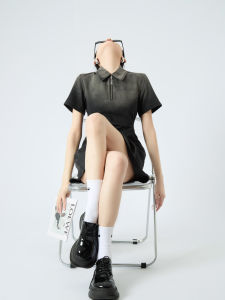 Gradual Color Denim Dress Slimming High Waist Short Sleeve Summer Thin Commute Style round Neck A-Line Dress Guuli