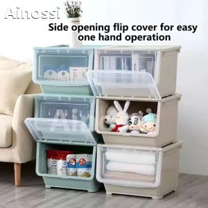 Childrens Toys Large-Capacity Stackable Plastic Storage Box Wheels Transparent  Filp Top Home Organizer Open Space Durable Snack Drawer Cabinet Megabox