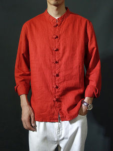 Spring Autumn Mens Long Sleeve Shirt Tang Costume Button Cotton Linen Retro Chinese Hanfu Stand Collar Zhongshan Suit