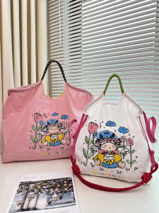 Japanese Embroidered Wish Lamb Canvas Shopping Bag Large Capacity Tote Commuter Bag Women Ball Chain Soft Handle Sweet Cool Style
