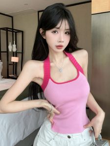 GUZILIAN | เสื้อกั๊กถักคอวีสีบล็อกเซ็กซี่สำหรับผู้หญิง เสื้อคลุมกันหนาวแบบสวมหัว ทรงสลิมฟิต โชว์กระดูกไหปลาร้า ชุดทำงานสไตล์เกาหลี