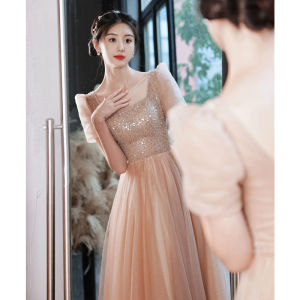 Glary Star แชมเปญชุดราตรีอารมณ์โรแมนติกเลื่อมชุดเดรสงานเลี้ยงยาวโฮสต์อาวุโส