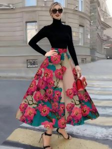 Printed Design Four season casual style pink floral skirt with beige and cyan background