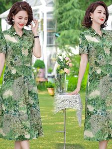 Elegant Mid-Length Shirt Collar Dress: Spring Summer Floral Print Women's Fashion Commute Ice Hemp A-Line Skirt Knee-Long