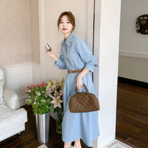 Blue Retro Denim Shirt Dress Womens Spring New Style Slimming Waist Design Sweet Cool Style Long Sleeve Knee-Length Dress