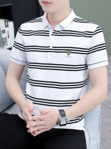 เสื้อโปโลคอปกแขนสั้นผ้าฝ้ายแท้ระดับไฮเอนด์สำหรับผู้ชาย ทรงหลวม สไตล์ฤดูร้อน ใหม่ ปกเสื้อผ้าทำงาน ลำลอง ลายทาง เสื้อยืด