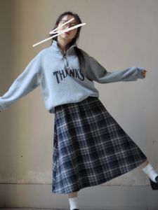 High Waist Plaid Wool Mini Skirt Autumn Winter Slimming Versatile A-Line Midi Skirt for Short Women 150 Small Size