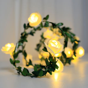 Romantic Rose Flower String Lights Christmas Holiday Decorations Imitation Green Leaf Vine Garden Atmosphere Colorful Flashing Lights