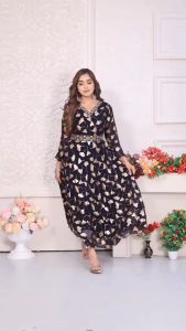 SLB Super Heavy Quality Kurti of Georgette/Chiffon Frill Gown With Waist Belt #453