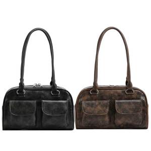 Women Chic Hobo Bag Double Pocket PU Small Casual Handbag Solid Color Stylish Underarm Bags Large Capacity Retro Handbag