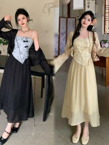 Elegant Summer Open Cardigan Tube Top Two-Piece Set Womens plus Size Slimming Vintage Zen Style round Neckline Ensemble