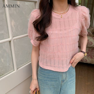 AMMIN เสื้อชีฟองเกาหลีคอกลมแขนสั้นผู้หญิงใหม่ฤดูร้อนเสื้อลูกไม้แขนพอง