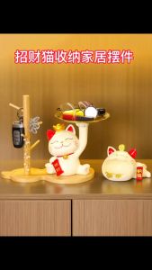 Home Decor Cute Maneki Neko Figurines Modern Style Living Room Table Ornament Lovely Lucky Cat Storage Tray Miniature Crafts