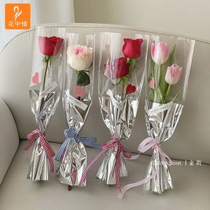 ถุงใส่ดอกไม้สีเงินลายดอกทิวลิปกุหลาบชิ้นเดียวสำหรับใส่ช่อดอกไม้แบบใสถุงใส่ของ DIY