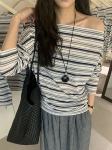YUEZHONGWEI | Asymmetrical Striped Long Sleeve Linen T-Shirt Women Summer Thin Loose Air Conditioned Shirt Top Color Block Shoulder Design