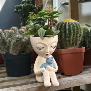 เด็กผู้หญิงในท่าทางนั่งง่ายกำลังถือแมว ถาดดอกไม้ กระถางต้นไม้ประดับตกแต่งสวนกลางแจ้ง