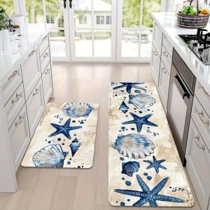VIKAMA Bờ Biển Vỏ Sò Sao Biển In Hình Thảm Trải Sàn Nhà Bếp Chống Trơn Trượt Chống Thấm Nước Thảm Mềm Trang Trí Nhà Có Thể Giặt Bằng Máy