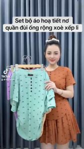 Bộ đồ đùi quần xòe in nơ dễ thương cổ tròn đóng nút phù hợp tuổi teen 45-75kg