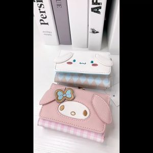 Kawaii Cute Small Wallet Women Ladies Girls Cat Dog Face Red Plaid Pink Purse Trifold Anime Leather Wallets Short Money Bag Clip