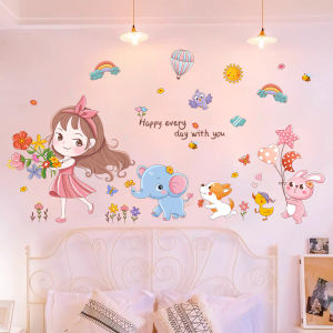 สติ๊กเกอร์ตกแต่งกำแพงรูปการ์ตูนสำหรับเด็กผู้หญิง วัสดุ PVC กันน้ำ สติ๊กเกอร์ตกแต่งห้องนอนสไตล์ชาติพันธุ์ ไม่ต้องติดขัด