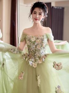 Elegant Green Princess Style Puffy Evening Dress with One Shoulder for Women Party Ball Student Adult Ceremony Host