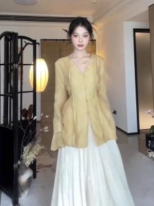 New Chinese Style Womens Fashion Set Loose Relaxing Old Money Style Complete Summer Outfit High Waist Retro Commute Polyester Fiber