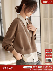 Elegant Spliced Sweatshirt Womens Cotton Shirt Collar V-Neck Spring 2025 XWI Comfortable Long Sleeve Commute Style Regular Fit