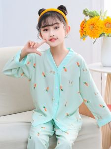 Vilvan Childrens Silk Cotton Sleepwear Summer Thin Long Sleeve Home Clothes Set for Boys And Girls Breathable Moisture Wicking