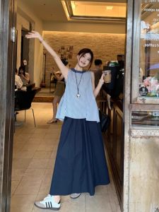 Design Sense Stripe Loose Asymmetric Sleeveless Blouse High Waist Slimming Midi Skirt Set