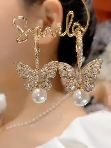Heavyweight Sparkling Full Zircon Butterfly Knot Pearl Large Earrings Bohemian Style Fashion Jewelry Allergy Free Trendy Accessories