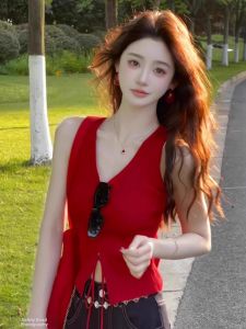Vibrant Red Open-Slit Fitted Thai-Style Halter Top for Women