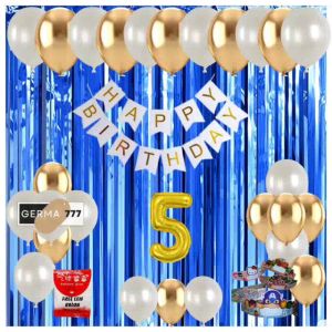 Paket Set Dekorasi Dinding Pesta Ulang Tahun Anak Banner Happy Birthday Putih Balon Gold Mix Tirai