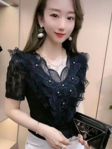 Elegant Short Sleeve T-Shirt with Lace Butterfly Back Design And Diamond Embellishment Womens Fashion High-end Half Sleeve Top