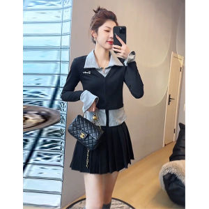 Fashionable Slim Fit Knitted Top And Skirt Set Womens Autumn Design Trendy Fake Two-Piece Ensemble High Waist Pleated Skirt