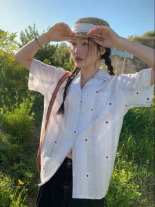 Mixd | White Embroidered Stripe Design Sense Short Sleeve Blouse