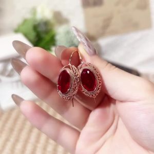 Huitan Hollow Design Drop Earrings for Women Inlaid Bright Oval Red/Blue CZ Vintage Accessories Chic Jewelry for Party Wedding