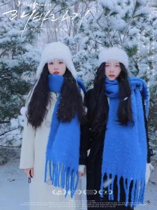 Klein Blue Fleece Lined Scarf Womens Winter Warmth Plush Tassel Korean Style Long Rectangle Scarf for Students in China