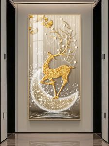 Modern Luxury Golden Deer Wealth Decoration Painting Entrance Hall Living Room Corridor Wall Art Metal Framed Density Board Core
