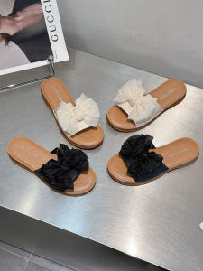 Genuine Leather Sandals Womens Flat Bottom Butterfly Knot Slippers Soft Sole Large Size Comfortable Casual Summer Shoes