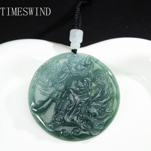 TIMESWIND Natural Authentic A-type Jade Zodiac Dragon Guan Gong Round Pendant Women Men Necklace for Gift with Certificate