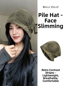 BILLI ZILLY | Flattering Slouchy Beanie with Ruffled Stripes and Button Pile