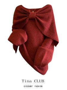 ชุดเสื้อสเวตเตอร์สีแดงหลวมๆ สองชิ้นสไตล์ลำลอง ชุดเดรสยาวปานกลาง แขนยาว คอตั้ง ผ้าฝ้ายผสมโพลีเอสเตอร์