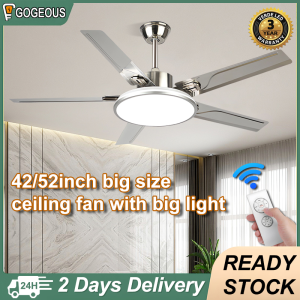 Gogeous 42/52 inch ceiling fan with light modern design silver gold metal 5 blades ceiling fan with lights and remote 3 color dimming 6 speed wind ceiling fan with light and dc motor for office factory living room dinning room restaurant